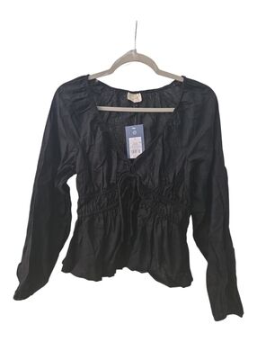 Universal Thread Black Linen Blend Tie Front Blouse Small NWT